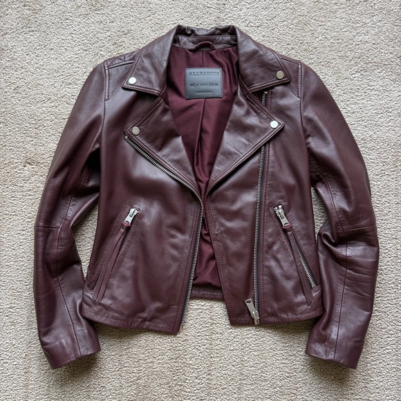 All Saints Dalby Biker Leather Jacket in Oxblood Red